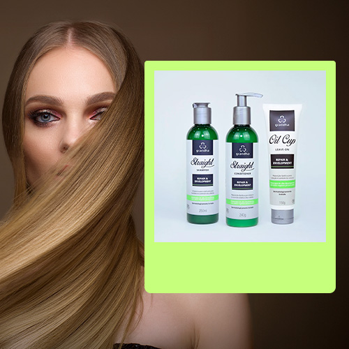 Mulher com cabelos lisos e brilhantes ao lado de três produtos capilares da linha Straight Grandha, em destaque com fundo verde neon.