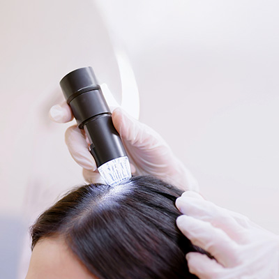 Pessoa usando luvas realiza exame no couro cabeludo de uma paciente com uma ferramenta de luz para análise capilar.