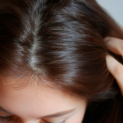 Close do couro cabeludo e da raiz dos cabelos, com fios afastados pelas mãos para observar a saúde da região.