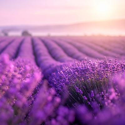 Campo de lavanda em plena floração, com fileiras de flores roxas alinhadas sob luz suave do entardecer, criando um cenário natural e sereno.