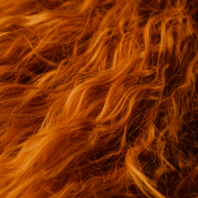 Close de fios de cabelo em tom acobreado, com textura ondulada e aspecto iluminado em destaque.
