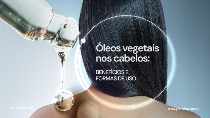 Cabelo liso e brilhante com óleo vegetal escorrendo, representando nutrição capilar e hidratação dos fios.
