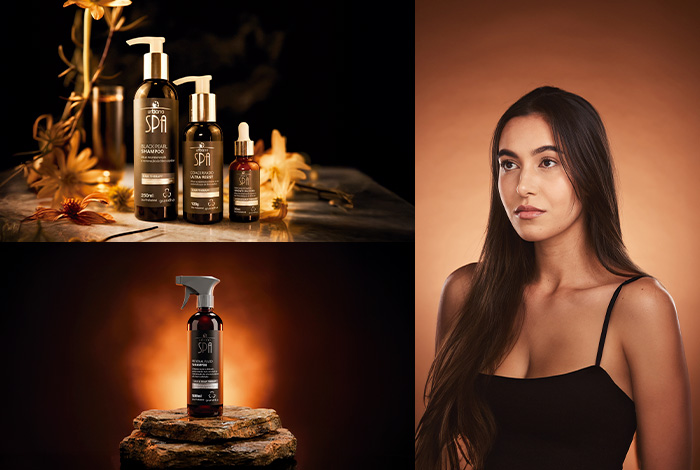 Montagem com produtos da linha Urbano Spa Grandha e modelo de cabelos longos e lisos, destacando cuidados capilares e bem-estar.